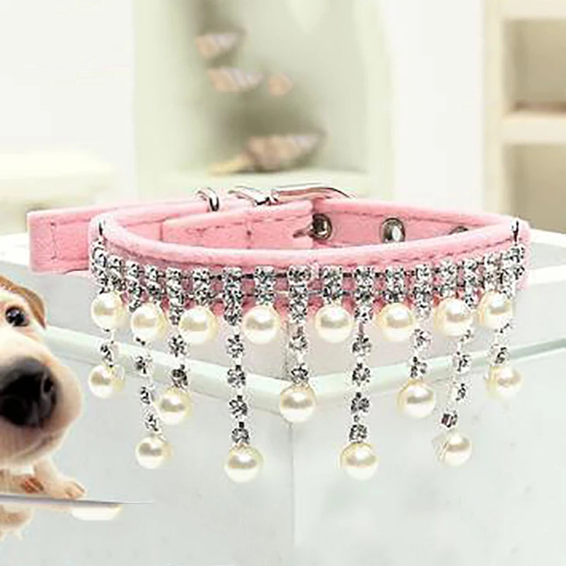 Cat Dog Velvet Crystal Pearl Necklace Luxury Collar