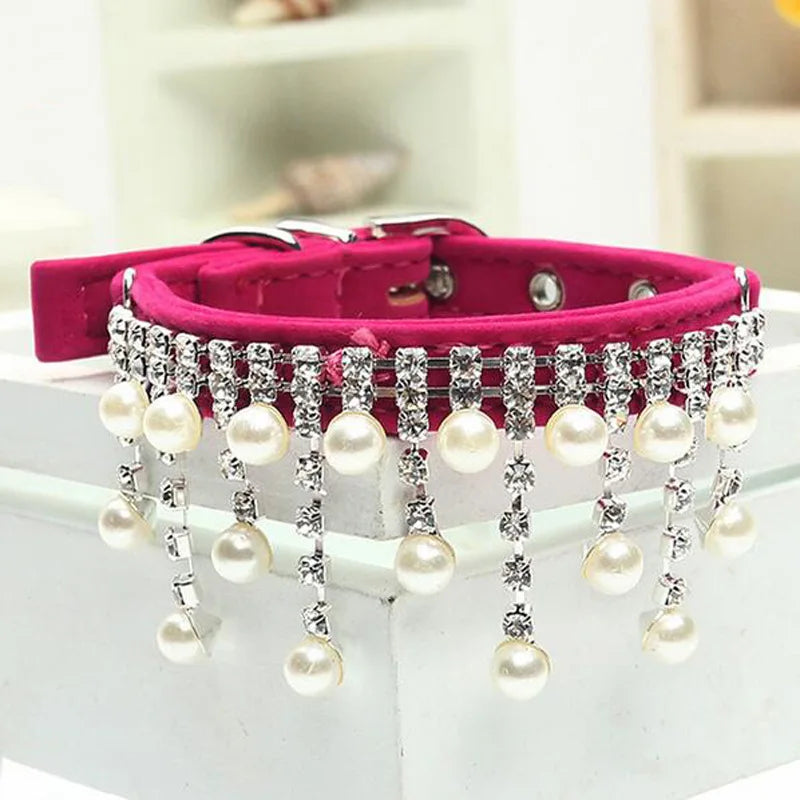 Cat Dog Velvet Crystal Pearl Necklace Luxury Collar