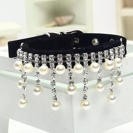 Cat Dog Velvet Crystal Pearl Necklace Luxury Collar