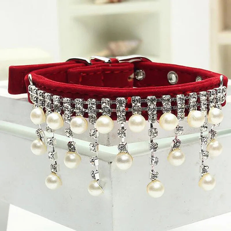 Cat Dog Velvet Crystal Pearl Necklace Luxury Collar