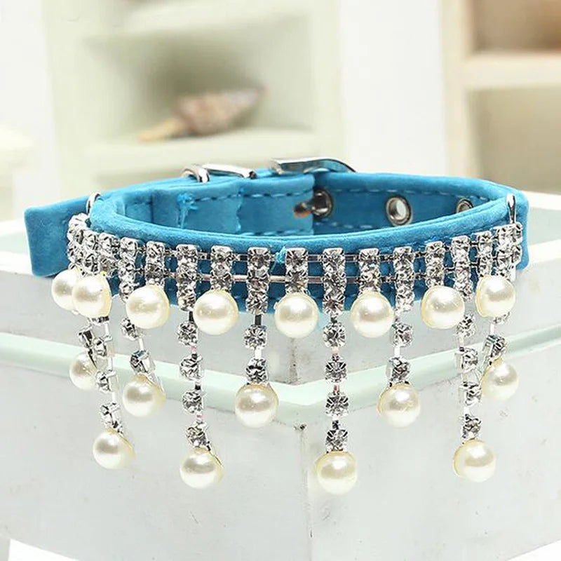 Cat Dog Velvet Crystal Pearl Necklace Luxury Collar